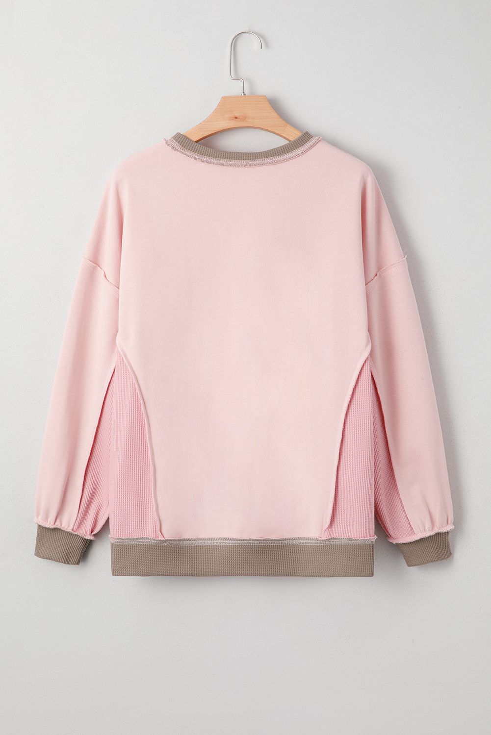 Light Pink Color Block Mix Texture Waffle Patchwork Oversize Sweatshirt - Image 4
