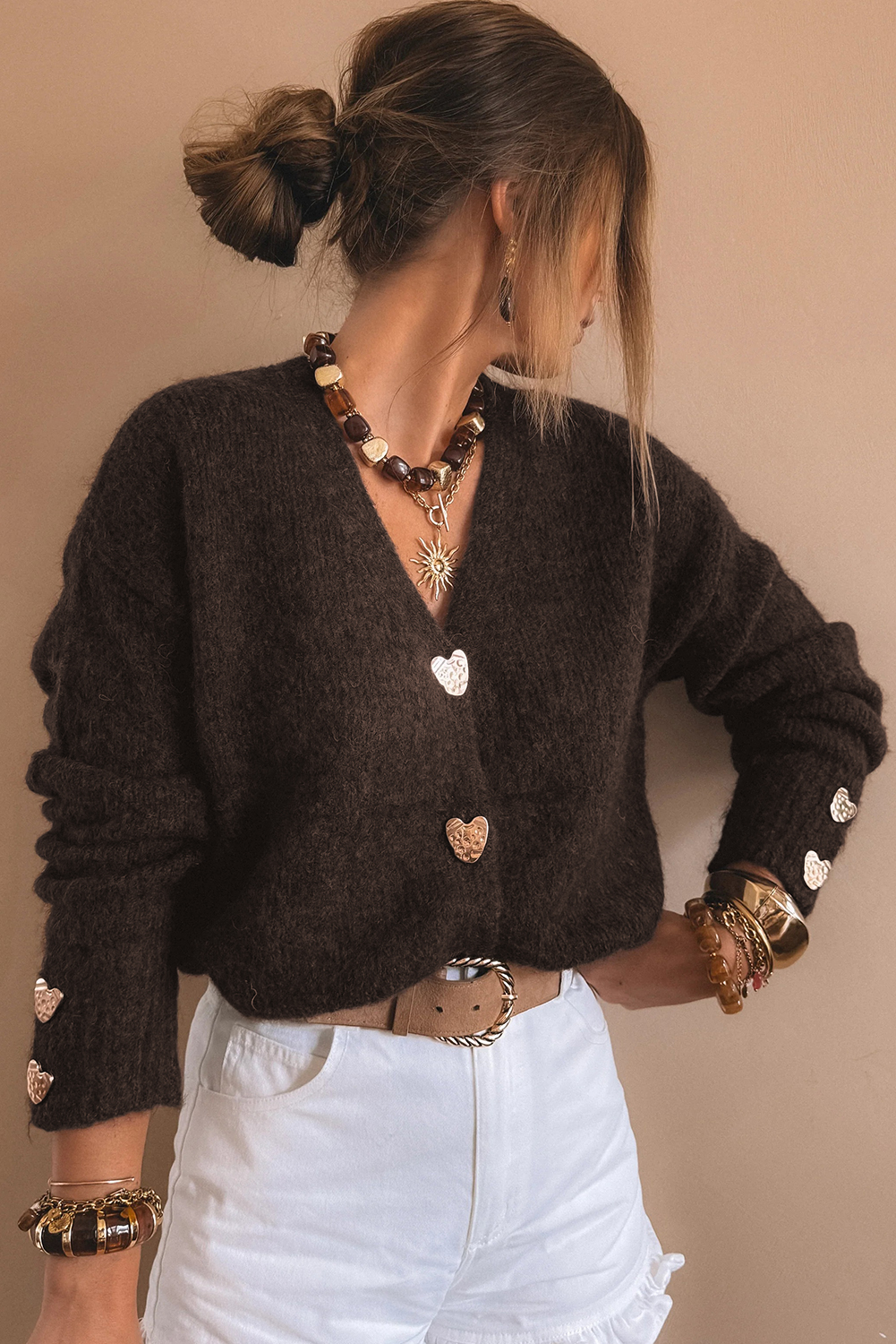 Chicory Coffee Heart Metal Button V Neck Cardigan Sweater - Image 4