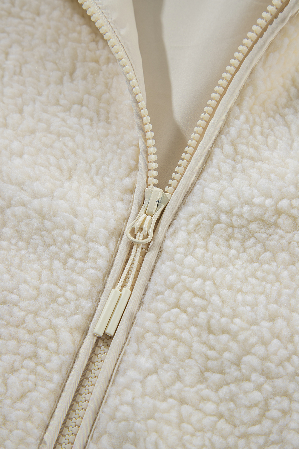 Beige Fleece Zip Up Drawstring Hooded Pocketed Jacket - Image 8