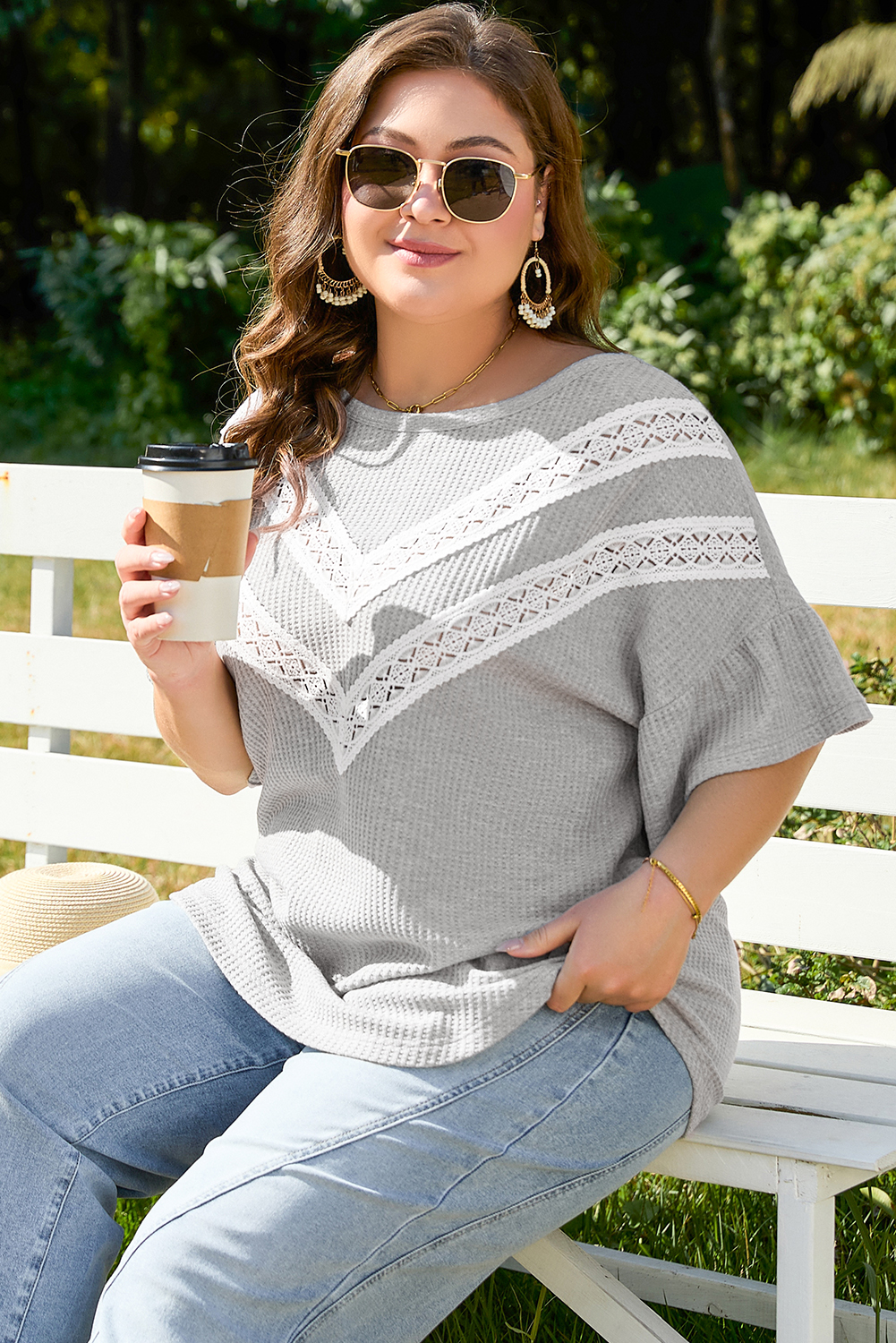 Light Grey Lace Insert Waffle Ruffle Short Sleeve Plus Size Top - Image 3