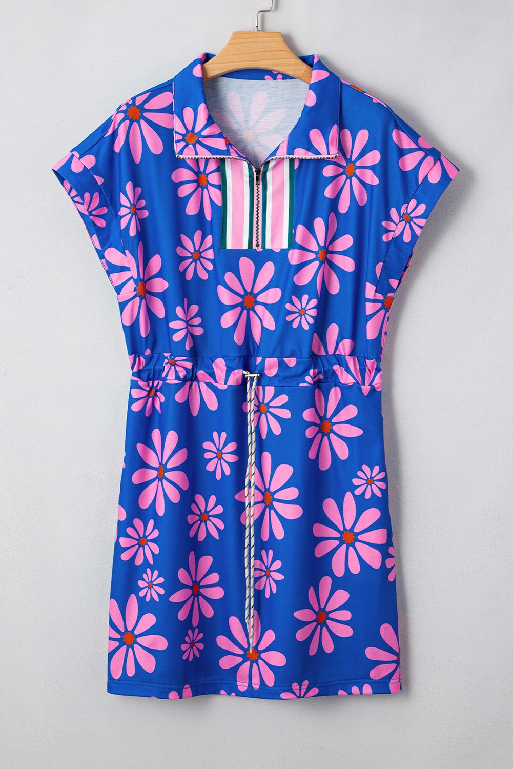 Purple Floral Striped Quarter Zip Cap Sleeve Drawstring Waist Mini Dress - Image 6