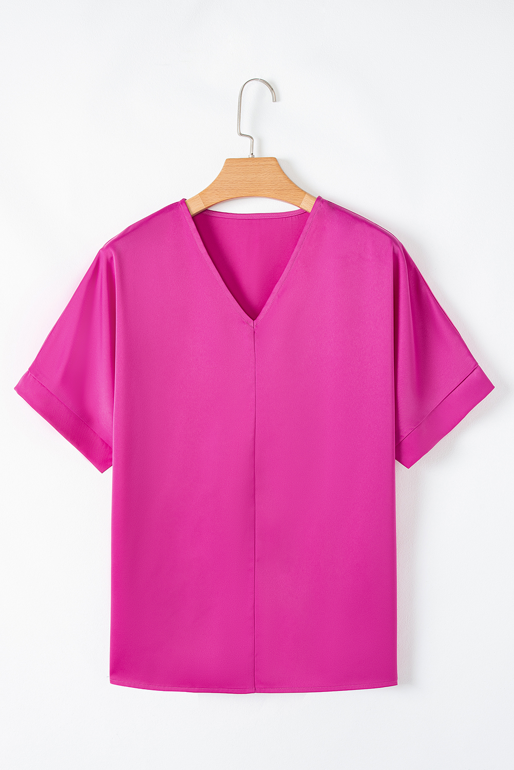 Bright Pink Silky V Neck Dolman Blouse - Image 3