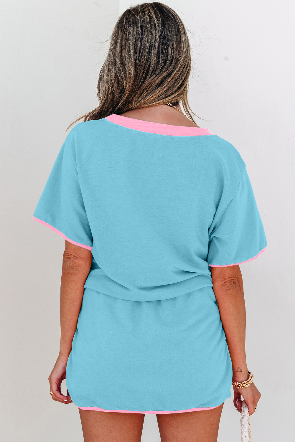 Turquoise Colorblock Edge Drop Shoulder T Shirt and Skort 2Pcs Set - Image 2