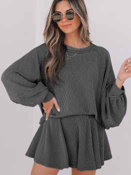 Dark Grey Corded Lantern Sleeve Top High Waist Ruffled Mini Skirt Set