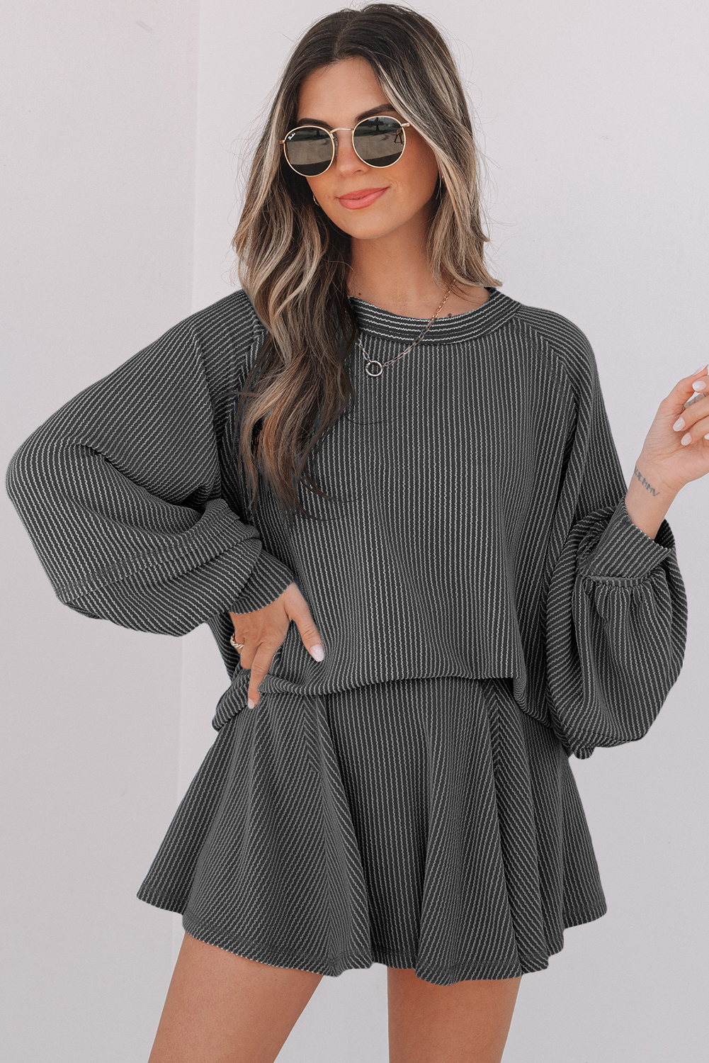 Dark Grey Corded Lantern Sleeve Top High Waist Ruffled Mini Skirt Set