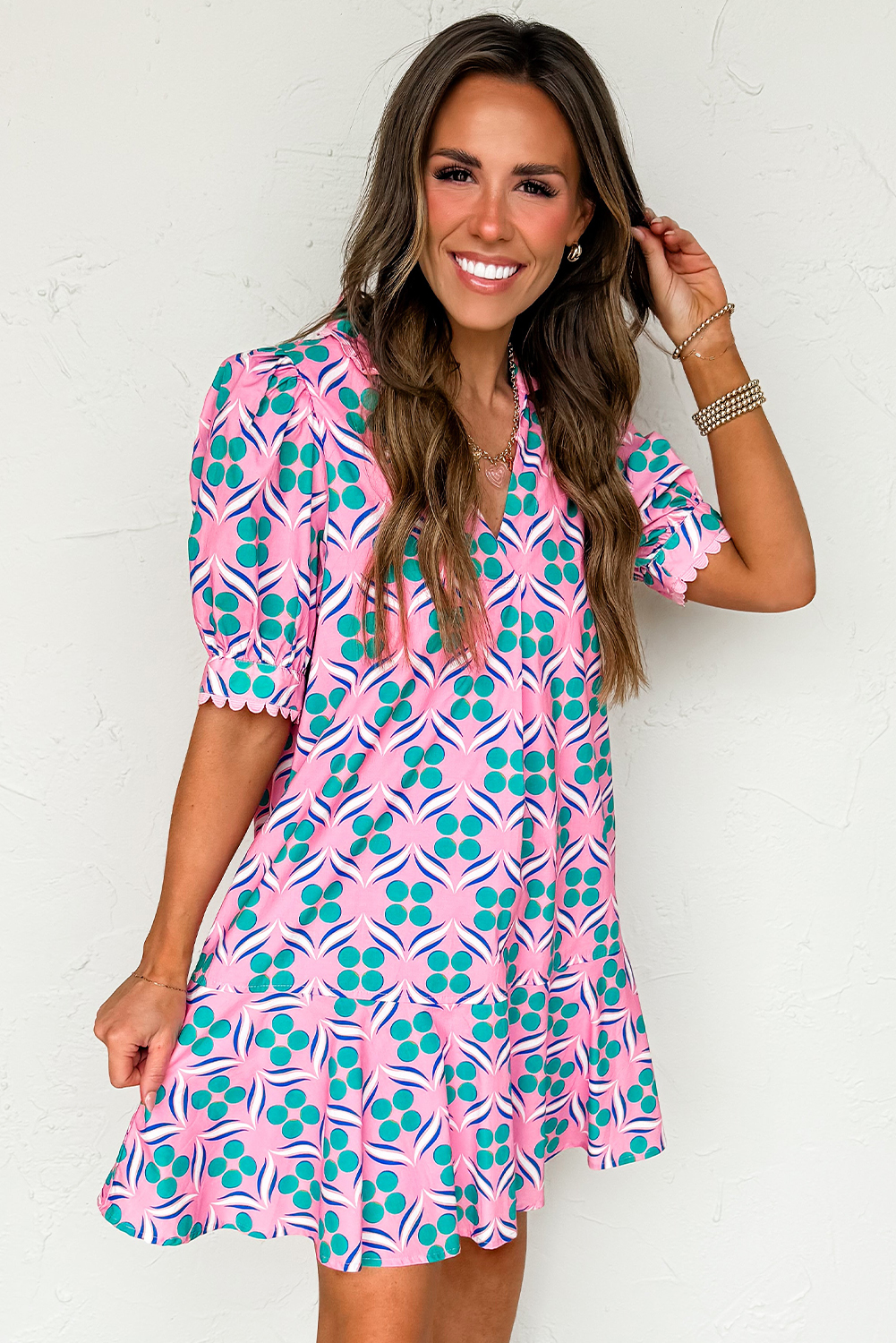Pink Geometric Floral Print V Neck Ricrac Trim Short Sleeve Mini Dress - Image 3