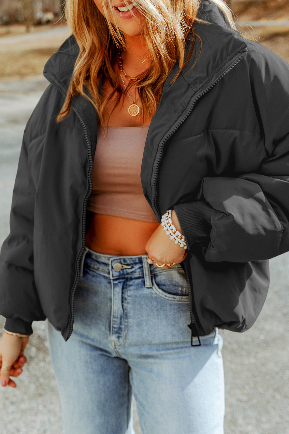 Black Zip Up Pocketed Puffer Jacket - Image 3