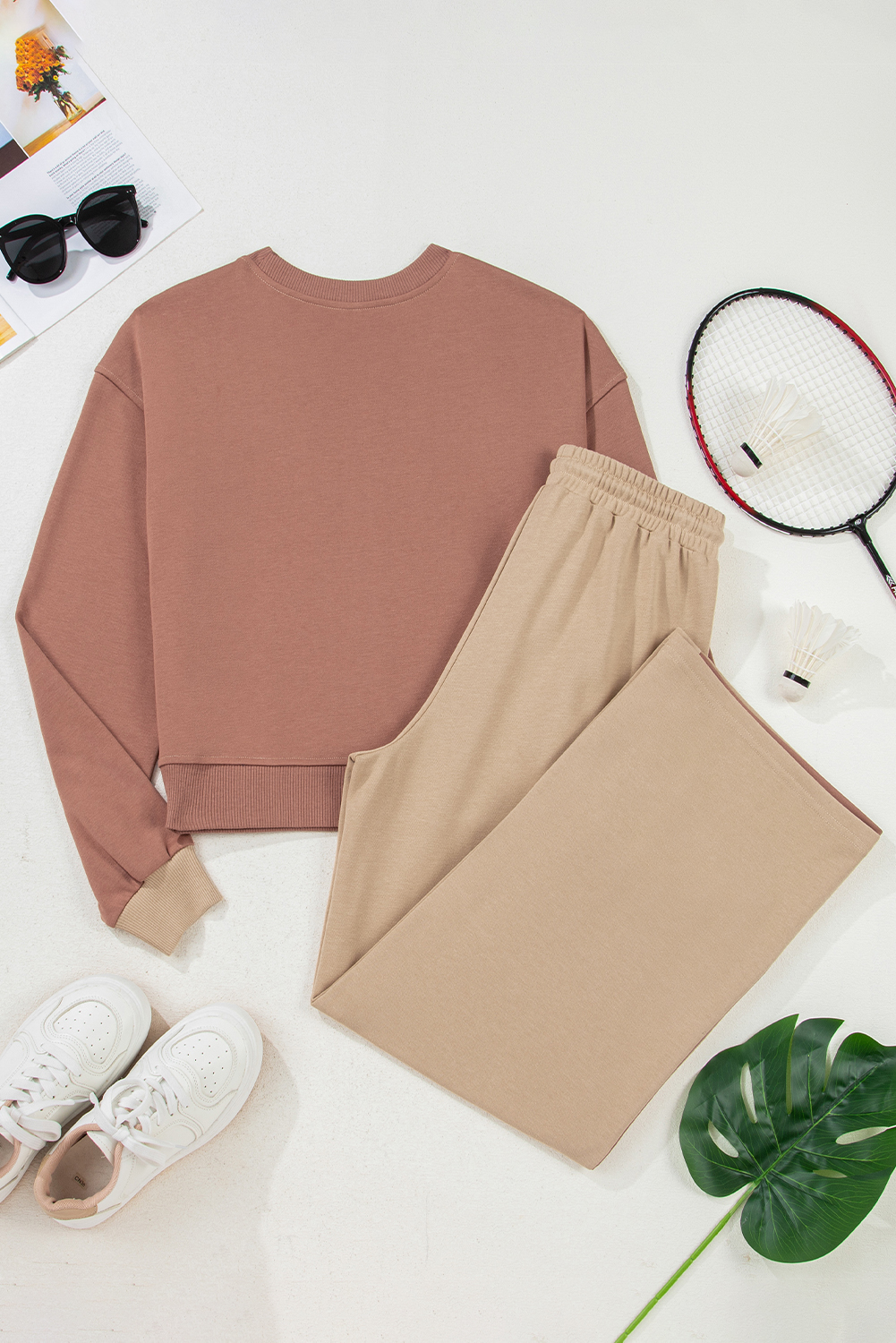 Khaki Color Block Long Sleeve Crop Top Drawstring Pant Set - Image 7