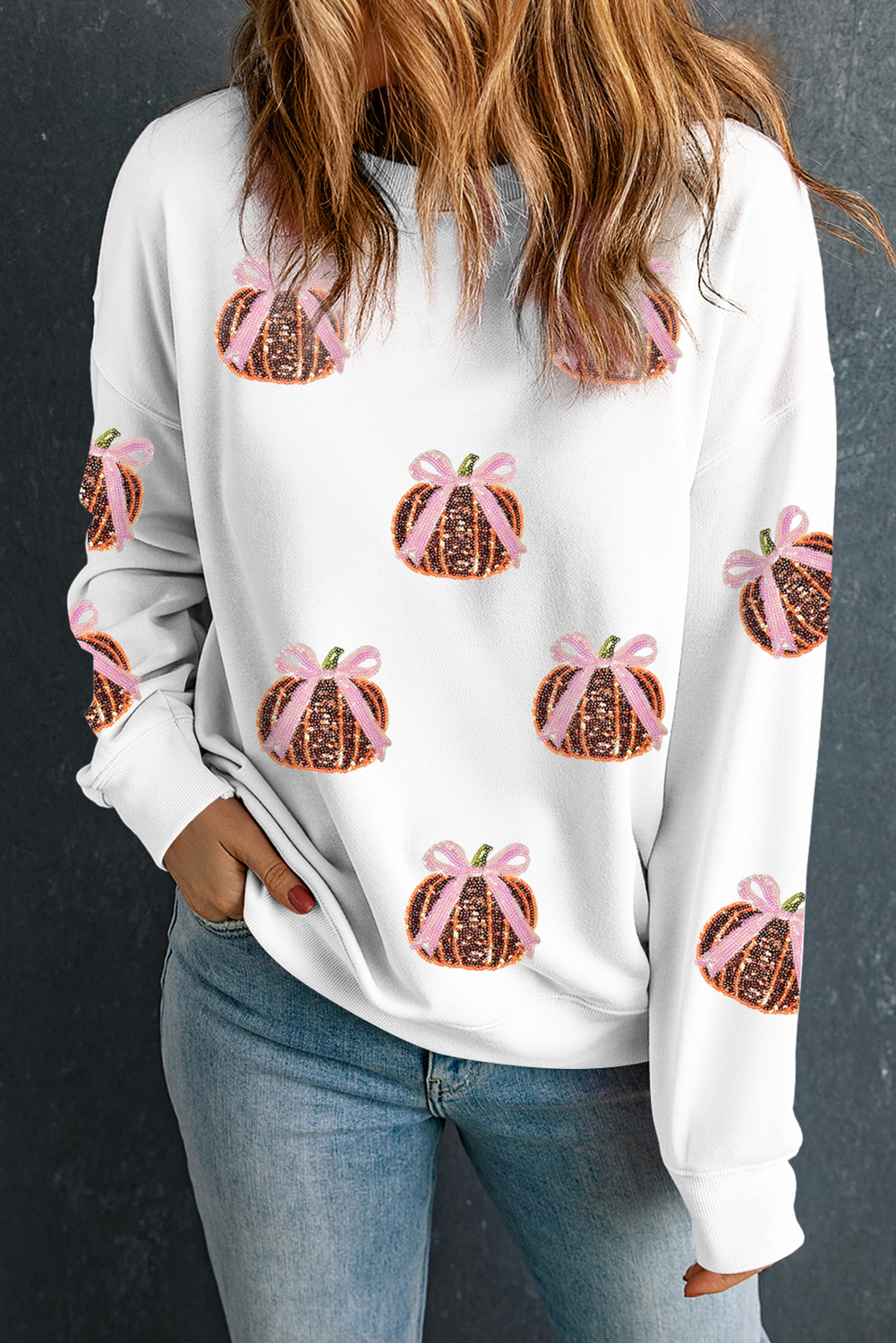 White Sequin Bow Pumpkin Patched Cotton Baggy Sweatshirt - Image 4