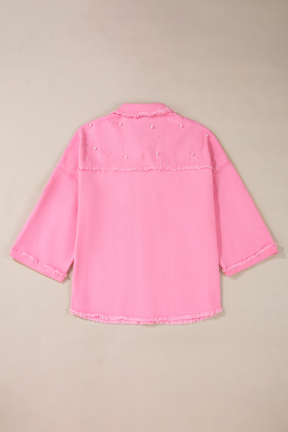 Bonbon Pearl Beaded Raw Hem Button Up Denim Jacket - Image 7