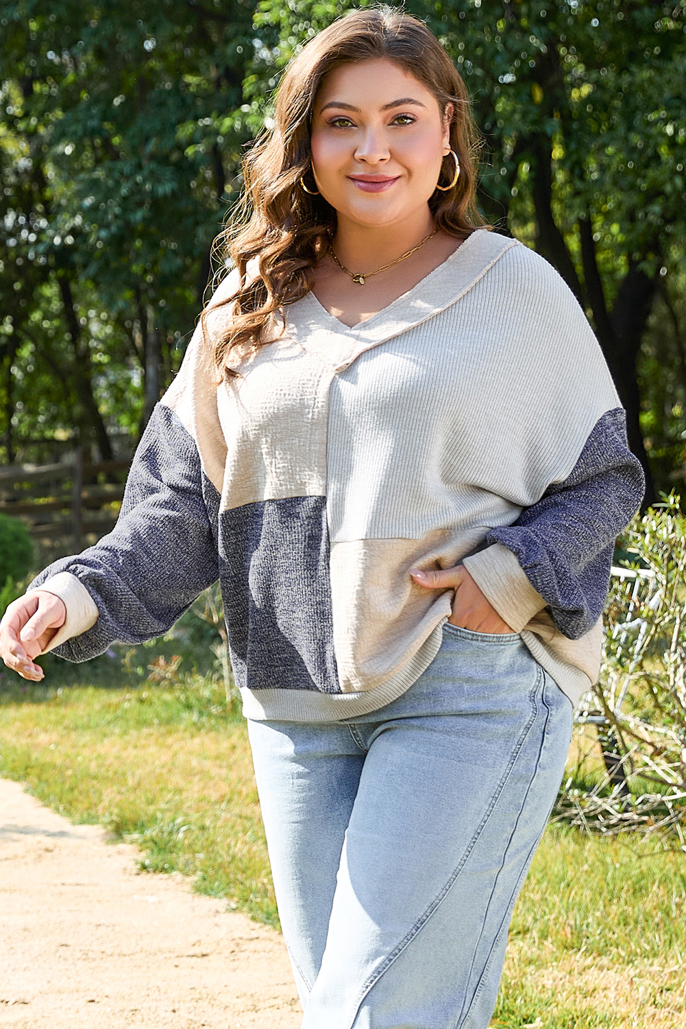 Ashleigh Blue Plus Size Textured Colorblock Patchwork V Neck Top - Image 5