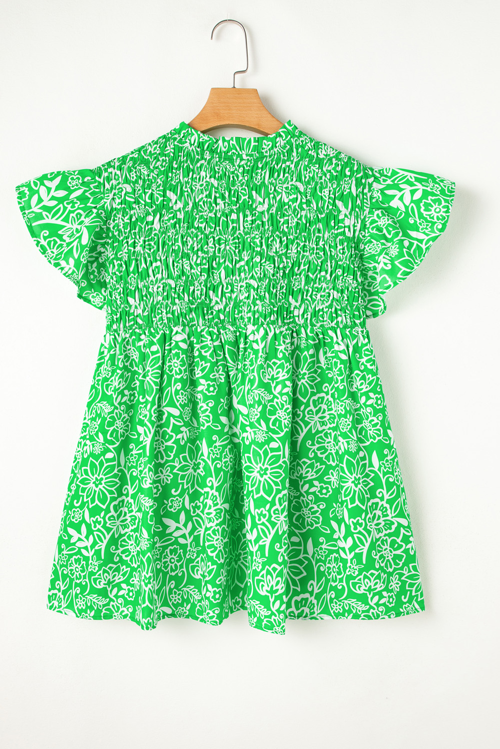 Green Floral Flutter Sleeve Shirred Notched Neck Plus Size Blouse - Image 6