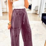 Wild Ginger Mineral Wash Lace-up High Waist Raw Hem Patched Pocket Pants