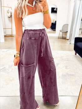 Wild Ginger Mineral Wash Lace-up High Waist Raw Hem Patched Pocket Pants