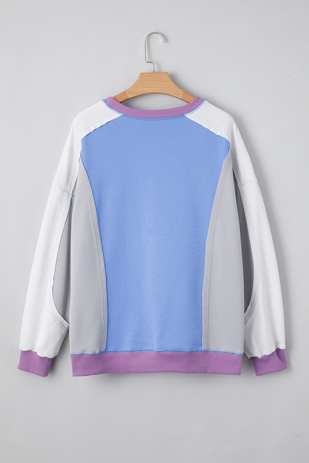 Blue Exposed Seam Colorblock Patchwork Ribbed Trim Pullover Sweatshirt - Image 6