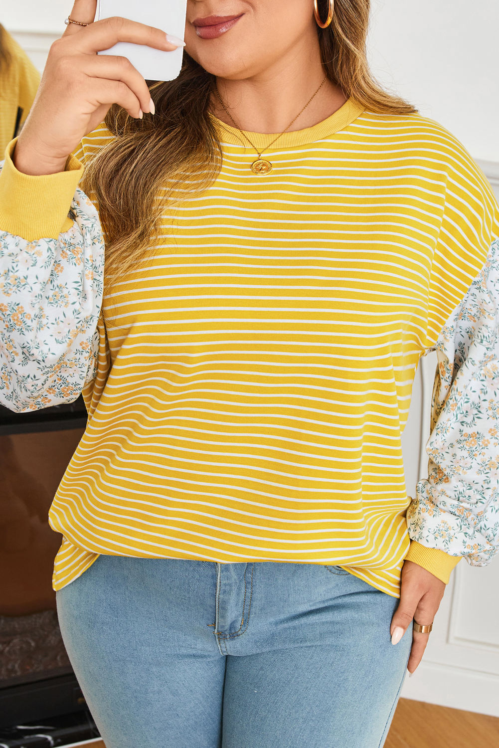 Yellow Stripe Striped Contrast Floral Sleeve Patchwork Plus Size Loose Top - Image 8