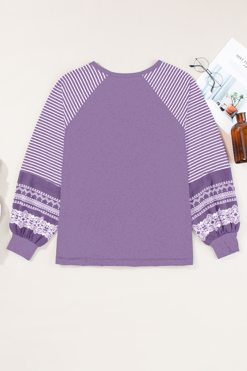 Tillandsia Purple Contrast Print Striped Raglan Long Sleeve Loose Top - Image 2