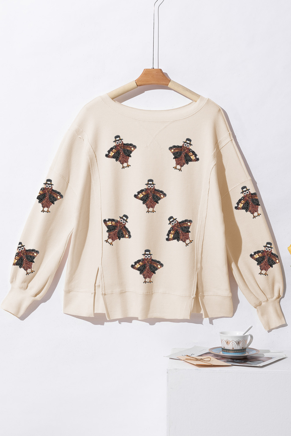 White Thanksgiving Turkey Waffle Oversized Knit Top - Image 5
