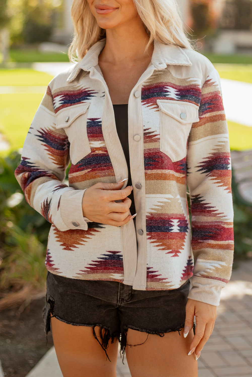 Multicolour Western Aztec Ribbed Patchwork Double Flap Pocket Raw Hem Shacket - Image 8