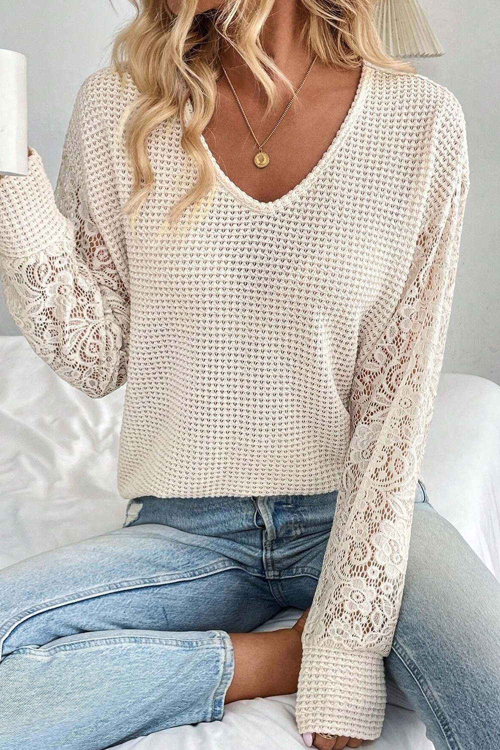 Beige V Neck Breathable Knit Drop Shoulder Lace Sleeve Patchwork Top - Image 4