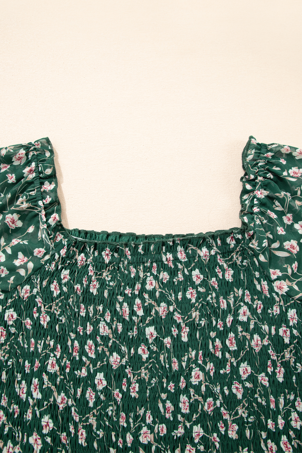 Green Smocked Square Neck Puff Short Sleeve Floral Dress - Image 7