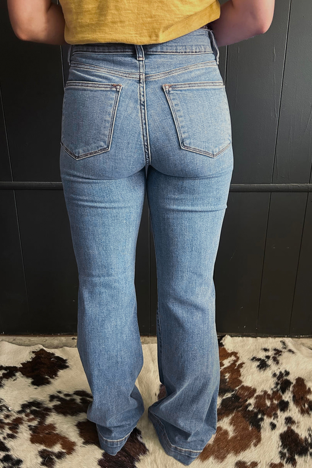 Dusk Blue 2 Button High Waist Piping Trim Bootcut Jeans - Image 2