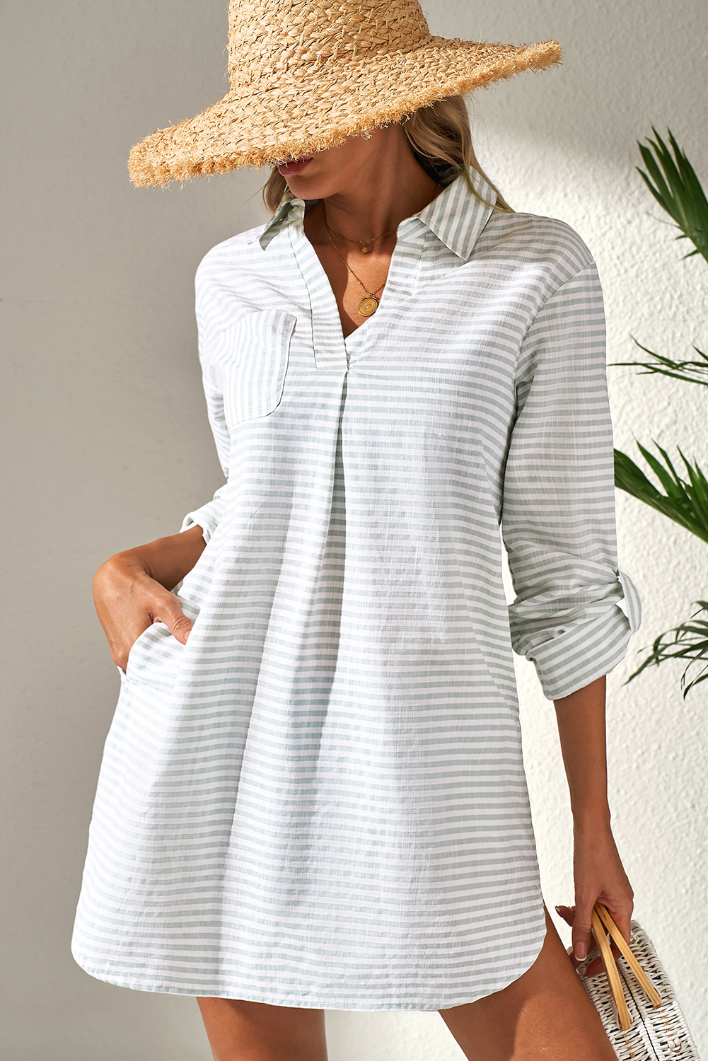 White Stripe Collared V Neck Chest Pocket Long Sleeve Beach Cover up - Image 3