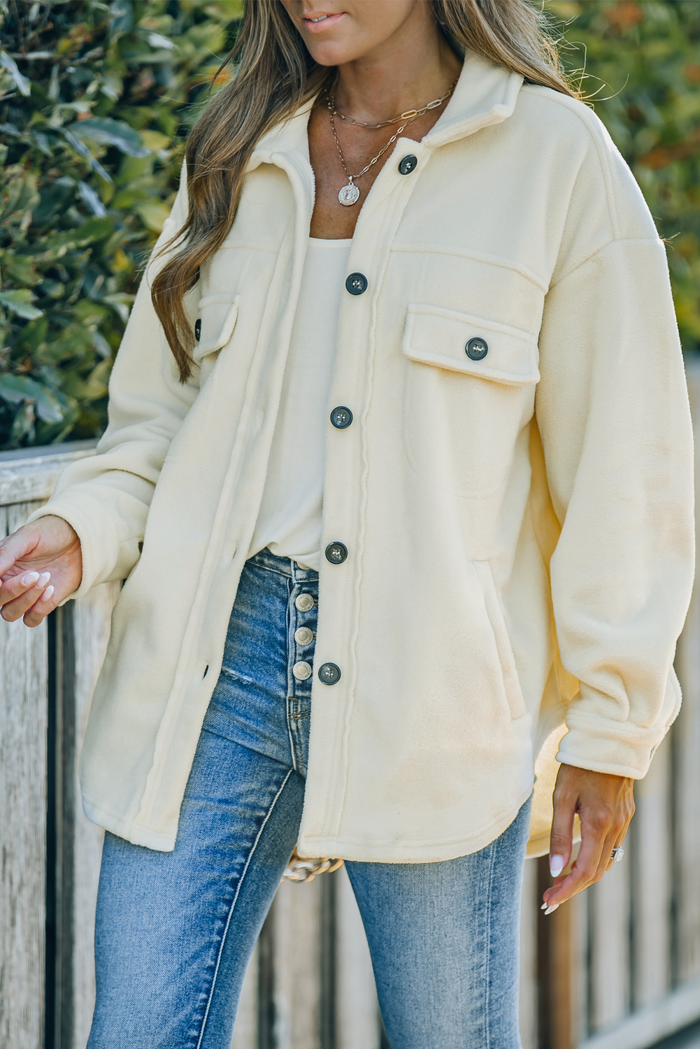 Beige Turn Down Collar Buttoned Shirt Jacket - Image 4