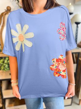 Sky Blue Flower Patched Exposed Stitching Trim Crew Neck Loose Tee