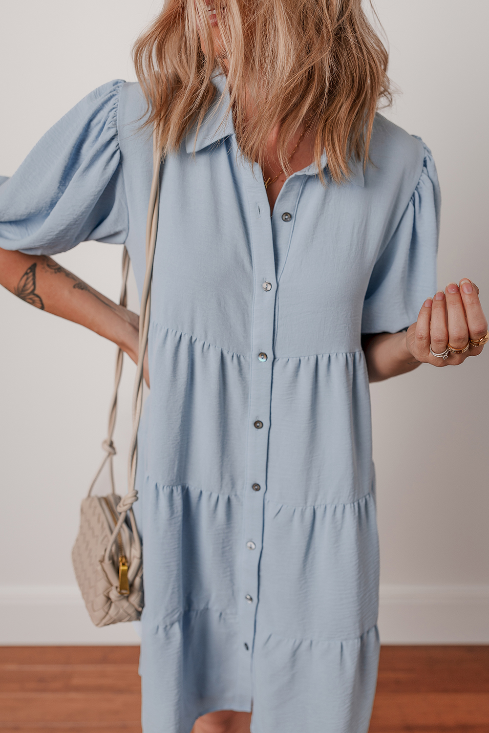 Beau Blue Shirt Collar Button Up Short Puff Sleeve Tiered Shift Dress - Image 6
