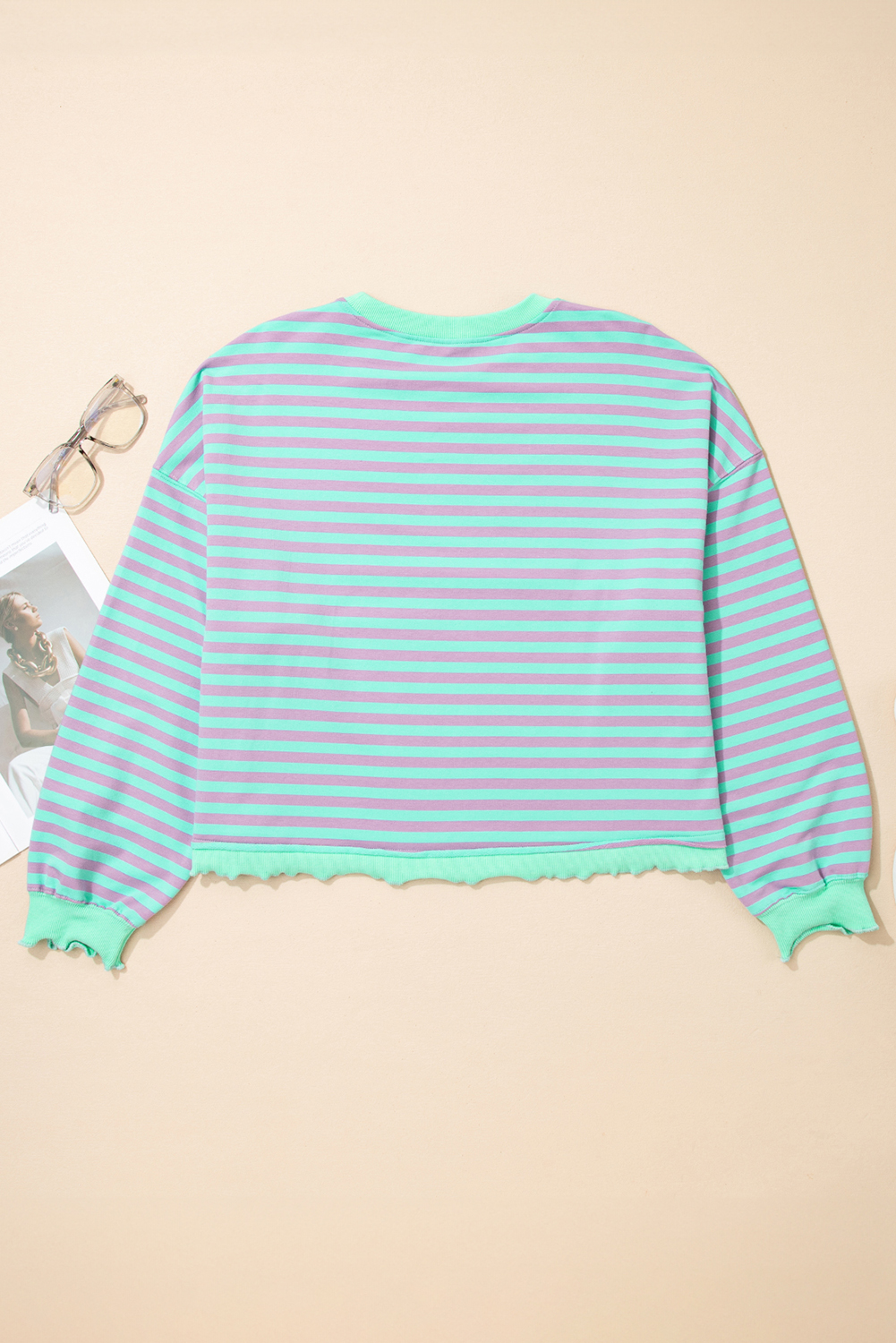 Green Stripe Exposed Seam Contrast Ribbed Trim Oversize Sweatshirt - Image 6