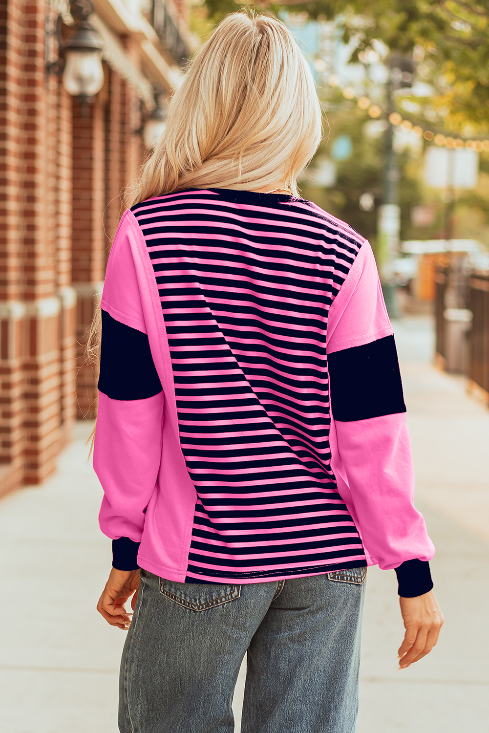 Pink Stripe Color Block V Neck Loose Fit Long Sleeve Top - Image 2