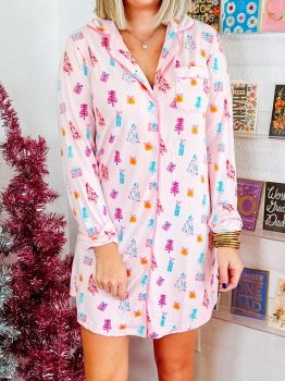 Pink Christmas Twinkle Tree Print Shirt Sleep Dress