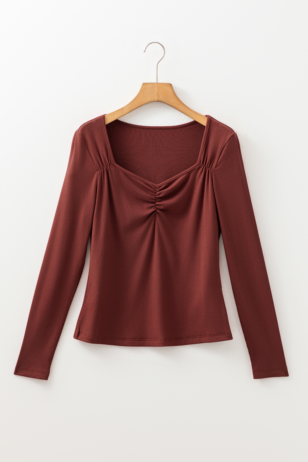 Burgundy Gathered Bust Square Neck Ribbed Fit Long Sleeve Top - Image 6