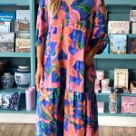 Blue Floral Print 3/4 Sleeve V Neck Tiered Long Dress