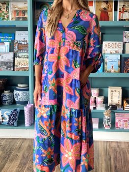 Blue Floral Print 3/4 Sleeve V Neck Tiered Long Dress