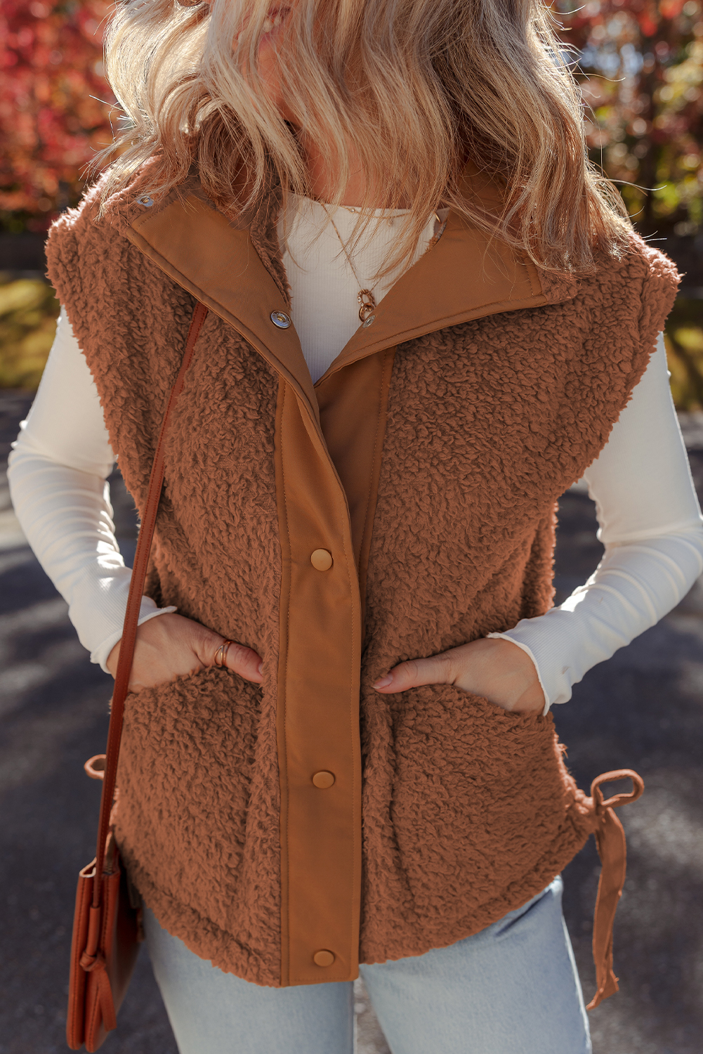 Cinnamon Faux Fur Snap Button Front Knot Side Plush Vest with Pockets - Image 4