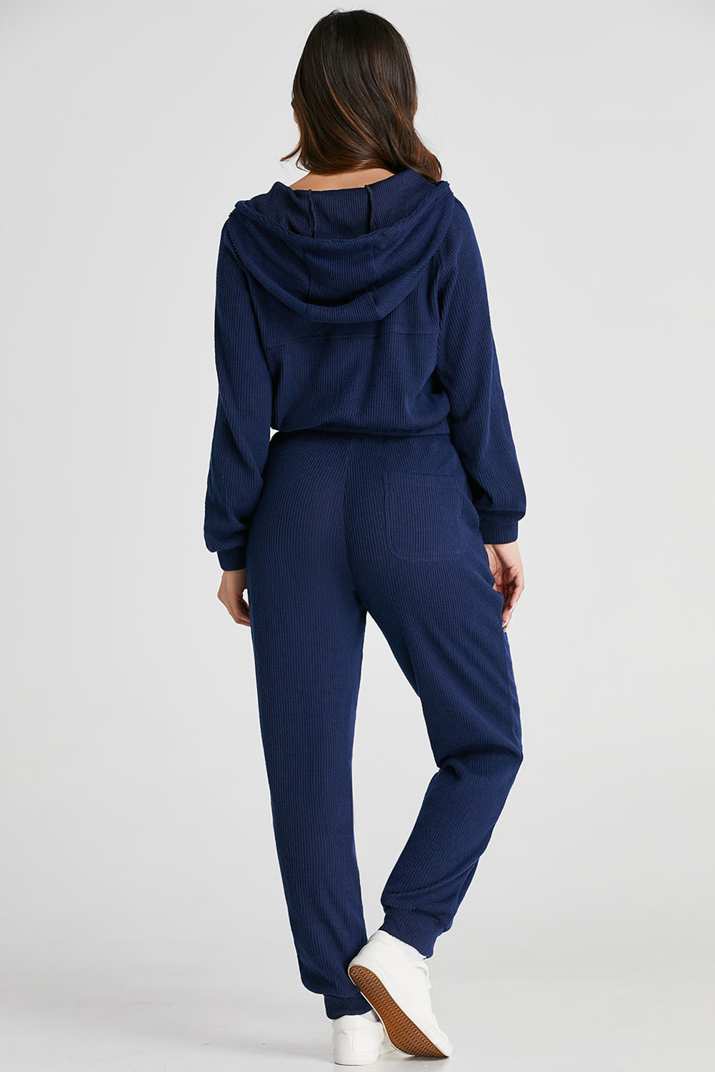 Navy Blue Ribbed Knit Cropped Hoodie and Drawstring Joggers Set - Image 2