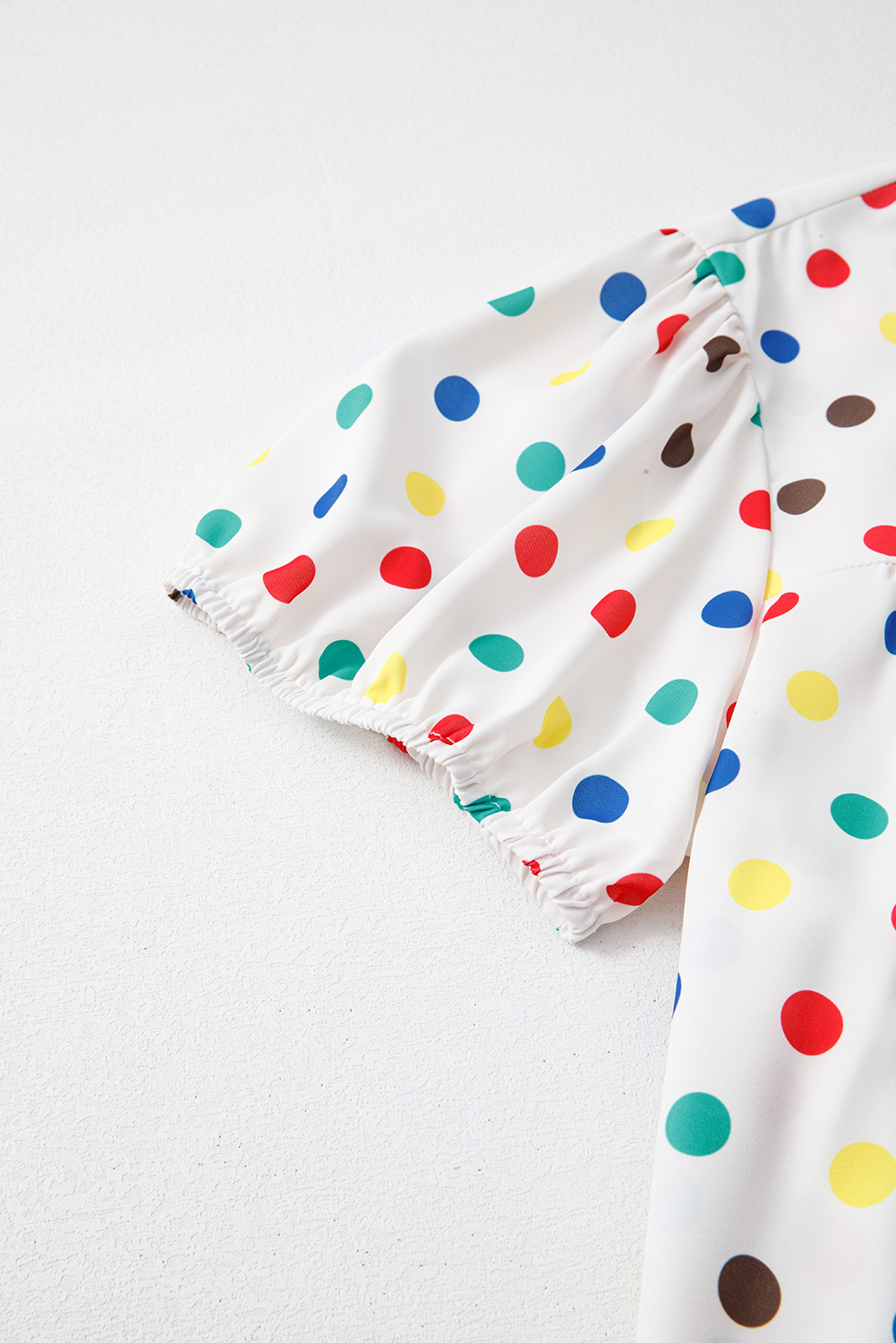 Apricot Plus Size Colorful Polka Dots Tie Neck Puff Sleeve Blouse - Image 7