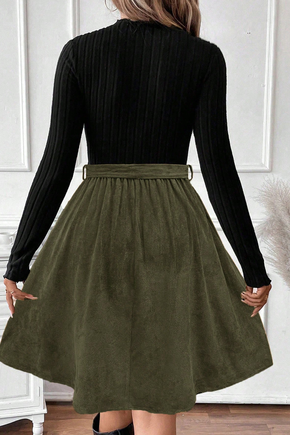 Black Ribbed Knit Slim Bodice Contrast Flared Skirt Patchwork Belted Dress - Image 2