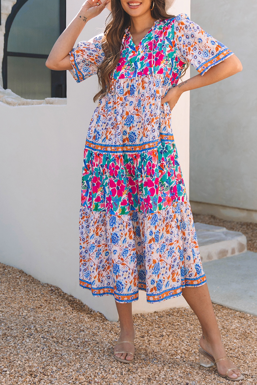 Sky Blue Mixed Floral Print Tie Split Neck Short Sleeve Dress - Image 6