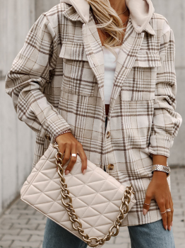 Khaki Plaid Removable Hood Buttoned Shacket