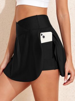 Black Solid Pocketed Crossover High Waist Swim Skort