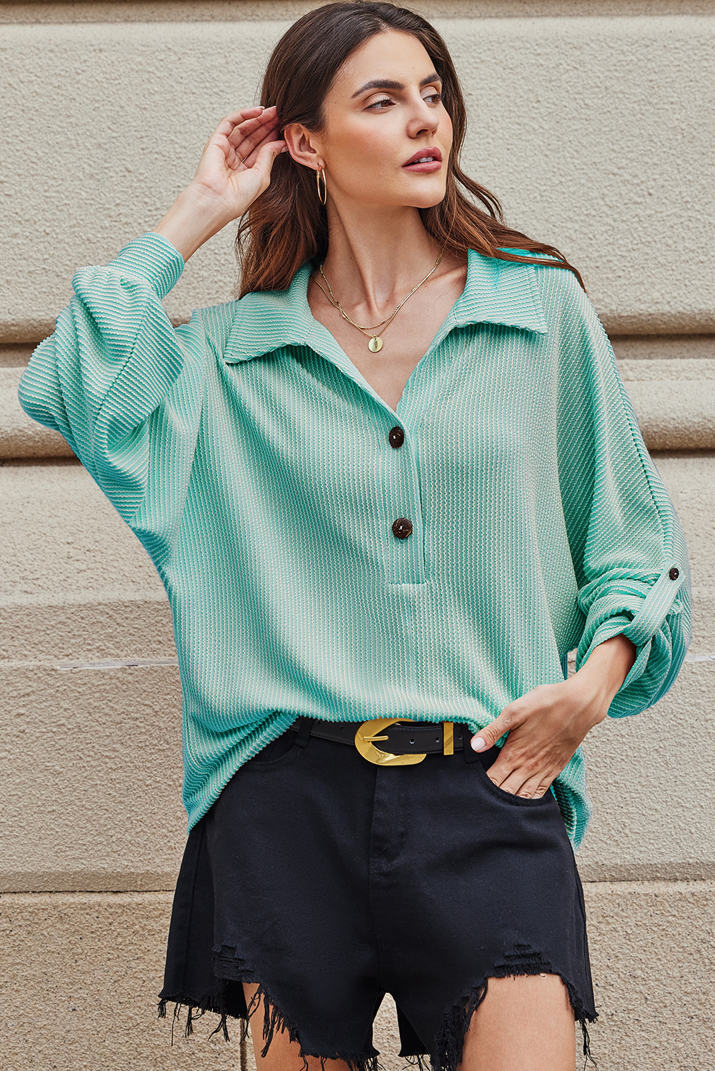 Light Blue Oversized Twist Ribbed Collared Henley Top with Roll up Sleeve - Image 3