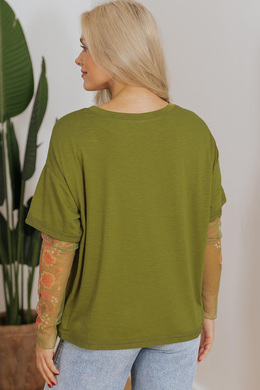 Fern Green Faux Two Piece Floral Long Sleeve Patchwork Tee - Image 4