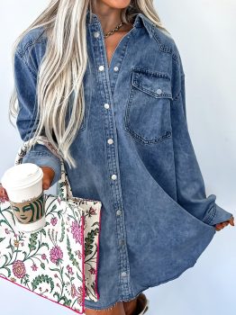 Blue Beau Chest Pocket Raw Hem Denim Loose Shirt Dress