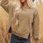 Dark Khaki Fuzzy Sherpa Splicing Pullover Sweatshirt with Side Slit