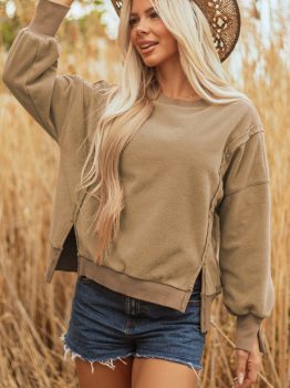 Dark Khaki Fuzzy Sherpa Splicing Pullover Sweatshirt with Side Slit