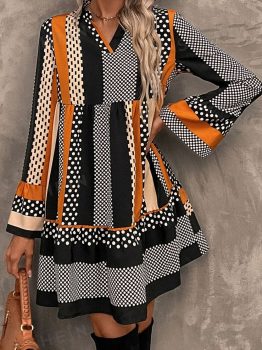 Black Striped Polka Dot Print Ruffled Hem V Neck Mini Dress