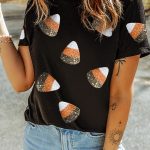 Black Sequin Candy Patched Pattern Halloween T Shirt